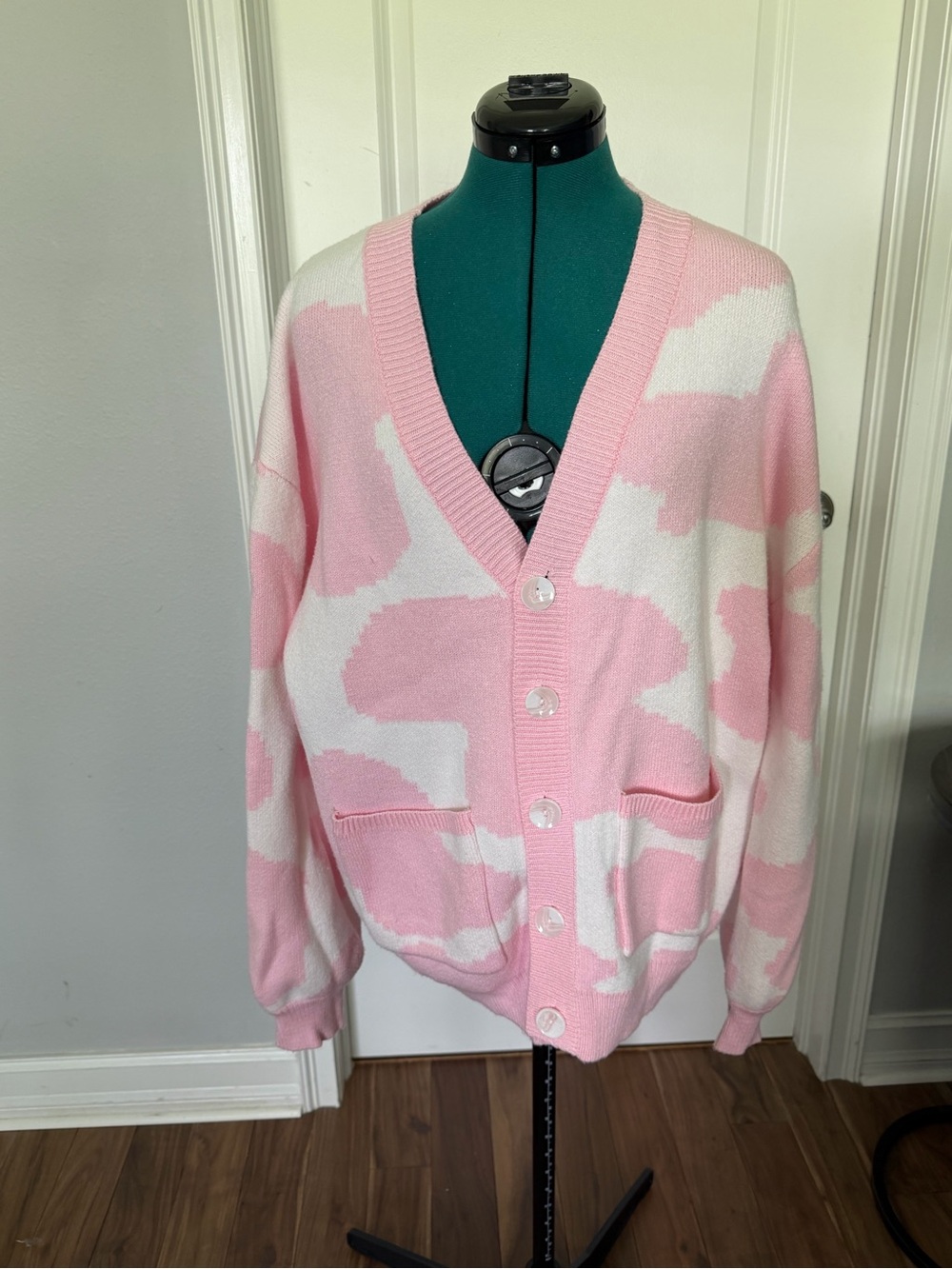 Pink & White Oversized V-Neck Button Cardigan